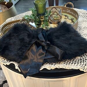 Elegant Black Faux Fur Wrap with Satin Bow